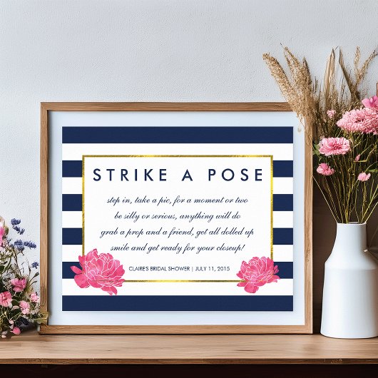Foto Booth Poster Sign | Navy Strip & Pink Peony