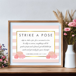 Foto Booth Poster Sign   Navy Strip & Pink Peony