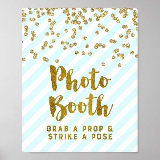 Foto Booth Wedding Sign Sky Blue Gold Streifen Poster (Vorne)
