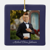 Foto Boy Religious Cross Blue First Communion Keramikornament (Rückseite)