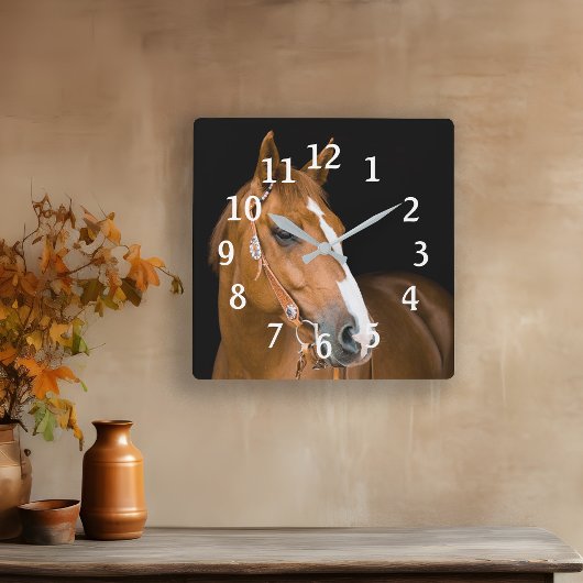 Foto Brown White Quarter Pferde nummeriert Quadratische Wanduhr