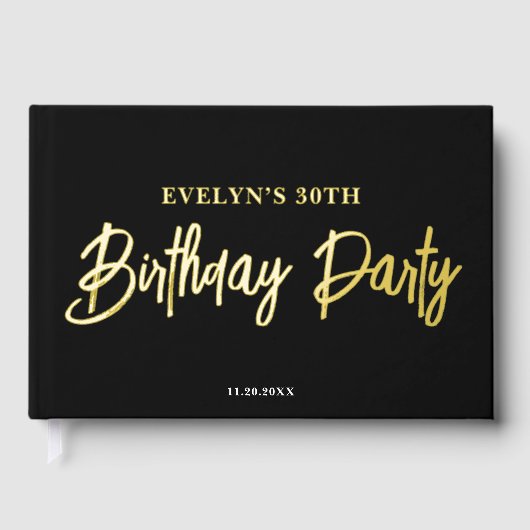 Foto Brush Script Elegant Black Birthday Gästebuch (Vorderseite)