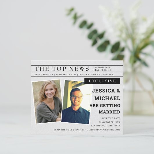 Foto "Budget Fun Newspaper Headline" Save the Date (Stehend Vorderseite)