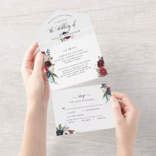 Foto, Burgund und Blau Hochzeit & Perforierte Antw All In One Einladung