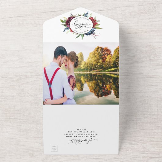 Foto, Burgund und Blue Wedding & Perforated UAWG All In One Einladung (Außenbereich)