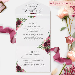 Foto, Burgunderrot Hochzeit mit perforierter Antwo All In One Einladung
