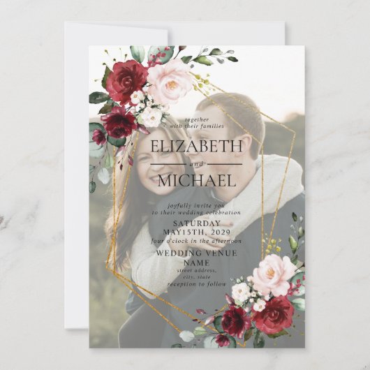 Foto Burgundy Geometric Floral Vellum Overlay Einladung (Vorderseite)