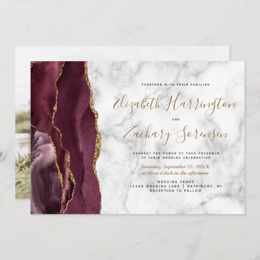Foto Burgundy Gold Agate Marble Wedding Einladung (Vorne/Hinten)
