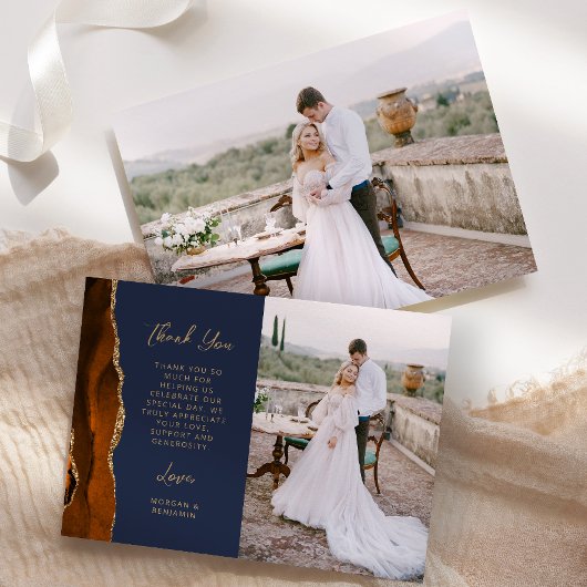 Foto Burnt Orange Agate Navy Gold Script Hochzeit Dankeskarte