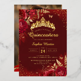 Foto Butterfly Red Gold Floral Quinceanera Folieneinladung