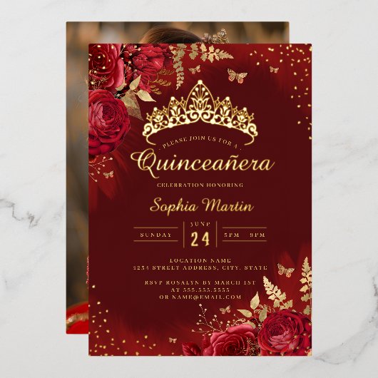 Foto Butterfly Red Gold Floral Quinceanera Folieneinladung (Vorderseite/Rückseite)