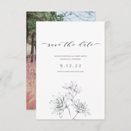 Foto Calligraphy Floral Wedding Save the Date (Vorne/Hinten)