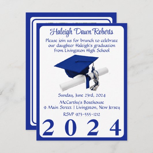 Foto Cap & Diploma Royal Blue Abschluss Einladung (Vorne/Hinten)