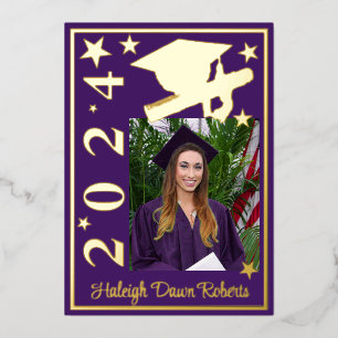 Foto Cap, Diploma, & Stars, Lila Abschluss Folieneinladung