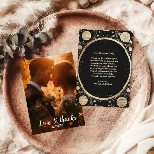 Foto Celestial Black Gold Crescent Moon Hochzeit Dankeskarte