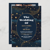 Foto Celestial Crescent Moon Gold Wedding Einladung (Vorne/Hinten)