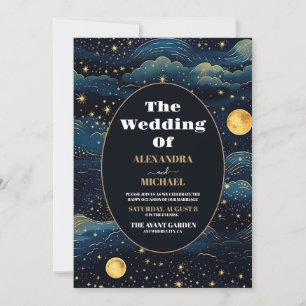 Foto Celestial Midnight Blue Stars Moon Wedding Einladung