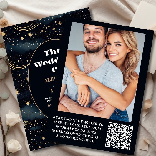 Foto Celestial Midnight Blue Stars Moon Wedding Einladung