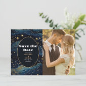 Foto Celestial Midnight Blue Stars Moon Wedding Save The Date (Stehend Vorderseite)