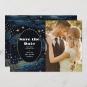 Foto Celestial Midnight Blue Stars Moon Wedding Save The Date (Vorne/Hinten)