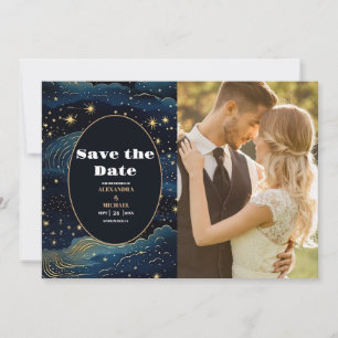 Foto Celestial Midnight Blue Stars Moon Wedding Save The Date