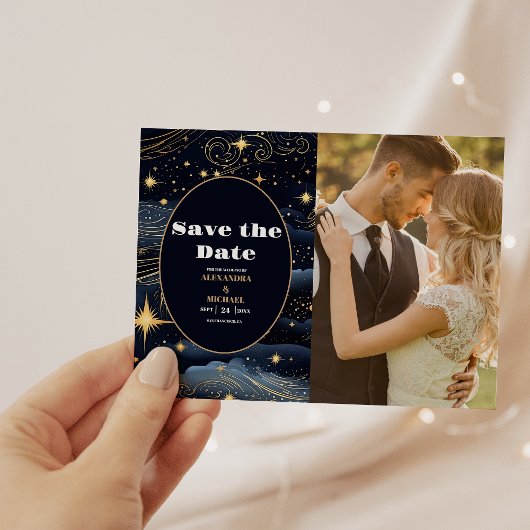 Foto Celestial Midnight Blue Stars Moon Wedding Save The Date