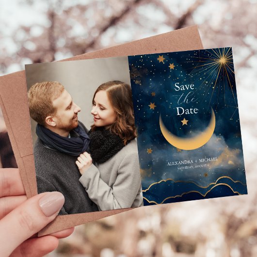 Foto Celestial Midnight Blue Stars Moon Wedding Save The Date