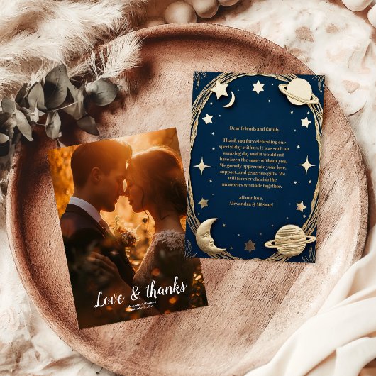 Foto Celestial Navy Gold Crescent Moon Hochzeit Dankeskarte