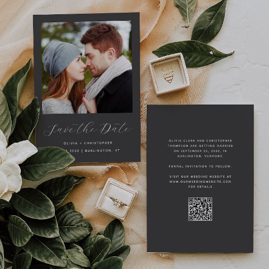 Foto Charcoal Graue Script QR Code Save The Date
