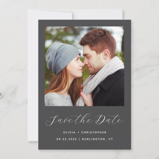 Foto Charcoal Graue Script QR Code Save The Date (Vorderseite)