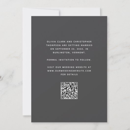 Foto Charcoal Graue Script QR Code Save The Date (Rückseite)
