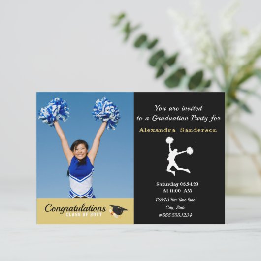Foto Cheerleader Black Gold Graduiertenparty Dankeskarte (Stehend Vorderseite)