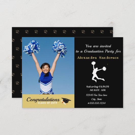 Foto Cheerleader Black Gold Graduiertenparty Dankeskarte (Vorne/Hinten)