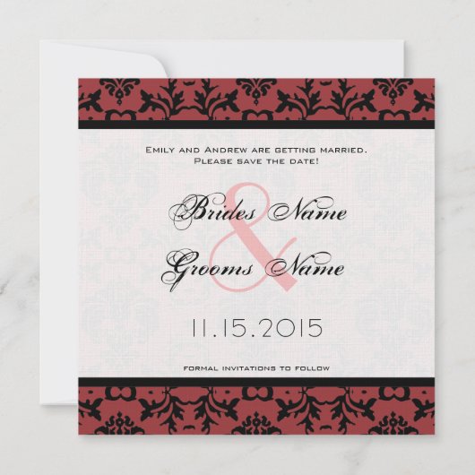 Foto Cherry & Black Damask Hochzeit Save the Date Einladung (Rückseite)