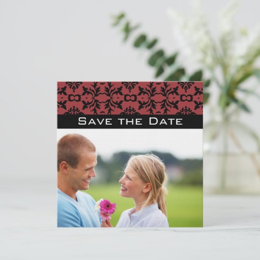Foto Cherry & Black Damask Hochzeit Save the Date Einladung (Stehend Vorderseite)