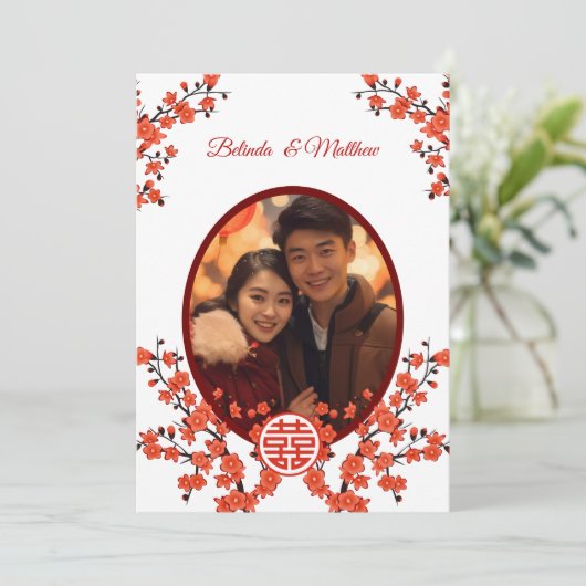Foto Cherry Blossom Chinesische Hochzeit Einladung (Stehend Vorderseite)