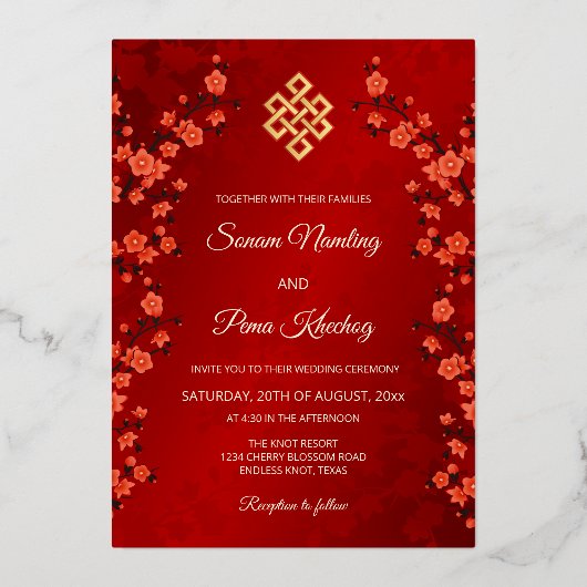 Foto Cherry Blossom tibetische Hochzeit Folieneinladung (Rückseite)