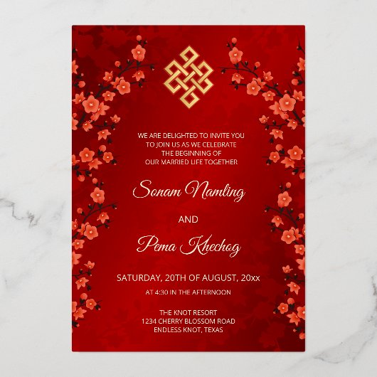 Foto Cherry Blossom tibetische Hochzeit Folieneinladung (Rückseite)