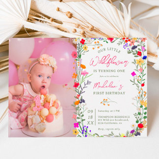 Foto chic boho helle wilde Blume 1. Geburtstag Einladung