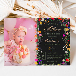 Foto chic boho helle wilde Blume 1. Geburtstag Einladung