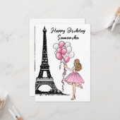 Foto Chic Eiffel Tower, Balloons Paris Geburtstag Karte (Vorderseite/Rückseite Beispiel)
