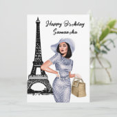 Foto Chic Eiffel Tower French Girl Paris Geburtsta Karte (Stehend Vorderseite)