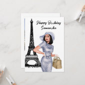 Foto Chic Eiffel Tower French Girl Paris Geburtsta Karte (Vorderseite/Rückseite Beispiel)