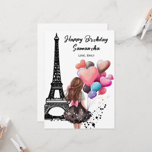 Foto Chic Eiffelturm, Herzblasen Geburtstag Karte (Vorderseite/Rückseite Beispiel)