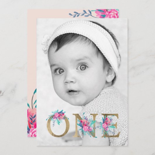 Foto Chic gold Blumenbrief 1. Geburtstagsröte Einladung (Vorne/Hinten)