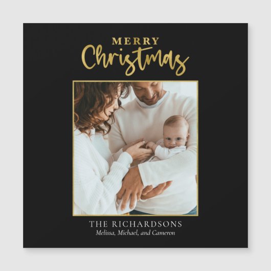 Foto Christmas Gold Foil Script Moderne Familie Magnetkarte (Vorderseite)