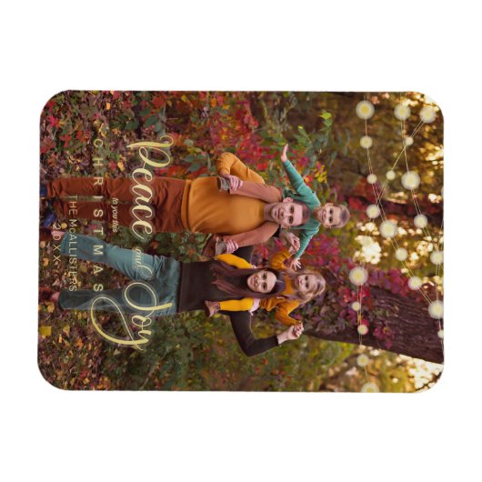 Foto Christmas Lights Peace Joy Whimsical Script Magnet (Horizontal)