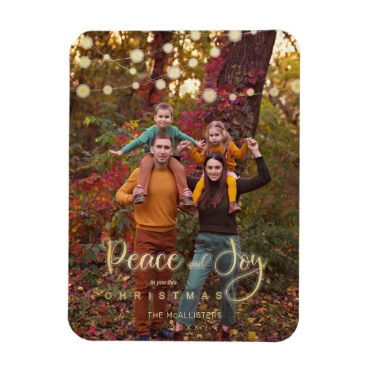 Foto Christmas Lights Peace Joy Whimsical Script Magnet (Vertikal)