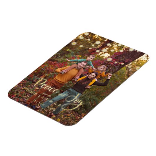 Foto Christmas Lights Peace Joy Whimsical Script Magnet (Linke Seite)