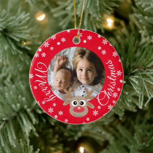 Foto Christmas Red Niedlich Reindeer White Script Keramik Ornament